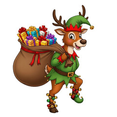 Cute christmas reindeer elf with gifts bag holiday cartoon illustration festive season celebration joy on transparent background