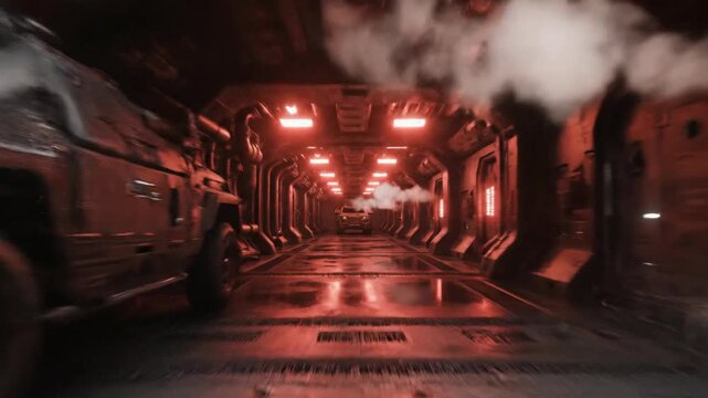 Futuristic spaceship corridor with red lighting and smoke, sci-fi interior, dramatic atmosphere, high-tech design, cinematic lighting