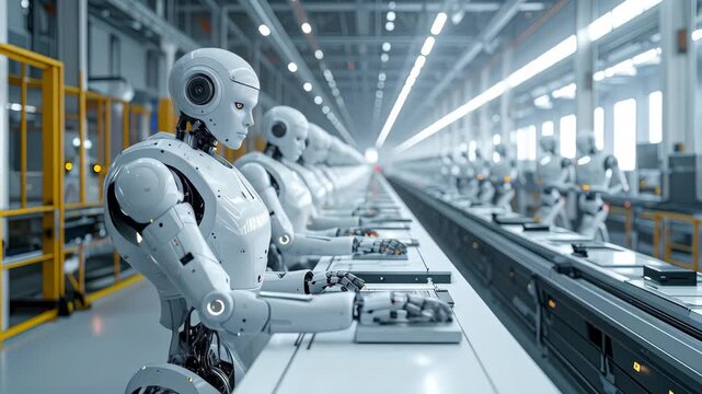 Robots working on an assembly line in a futuristic factory.