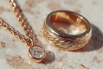 Close-up of gold ring and diamond necklace on marble surface.