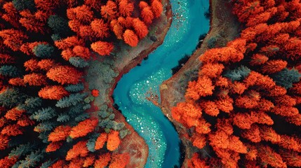 Aerial view of turquoise river flowing through orange forest.
