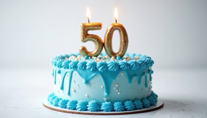 Festive blue cake features lit golden candles spelling fifty. Blue frosting drips over cake adorned with tiny pearls. Celebrate milestone with sweet treat.
