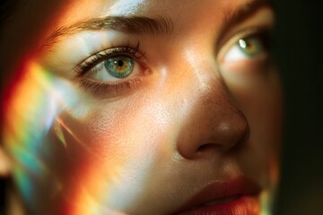 Portrait of woman with green eyes and rainbow light reflection on face.