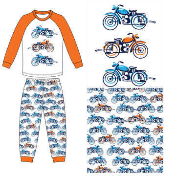 boys long t shirt with long pant bike print vector art