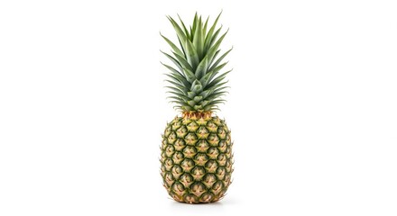 Fototapeta premium A whole pineapple with green leaves isolated on a pure white background, bright lighting, realistic texture, clean background, minimal shadow, commercial product photo.