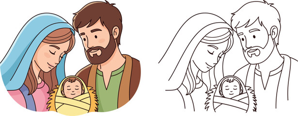 Tender Nativity Scene Coloring Page  Mary, Joseph, and Baby Jesus Outline