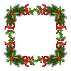 Christmas frame vector holiday border with holly berries and red ribbons for festive design card on transparent background