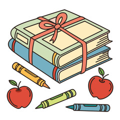 Stack of books tied with ribbon surrounded by apples and crayons for back to school