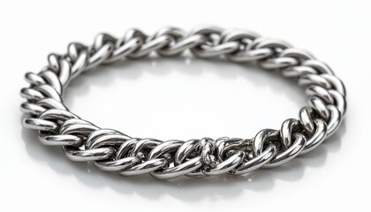 Naklejka premium Studio photo of shiny silver bracelet isolated on white surface. Elegant metallic jewelry item. Fashion accessory for any occasion. Ideal gift for her. Jewelry shop product presentation.