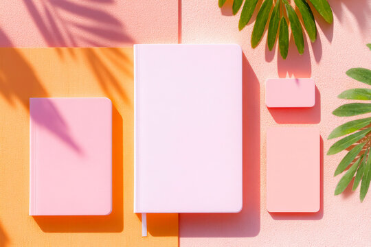 Blank notebook and school stationery on beige background clean academic layout - Powered by Adobe