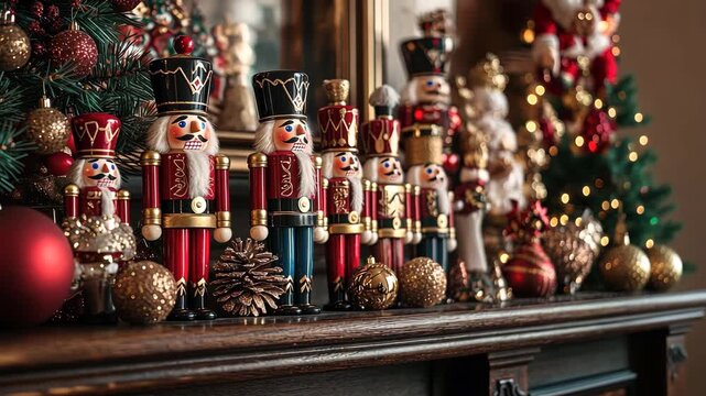 Festive nutcrackers and holiday decor with glittering ornaments on elegant table