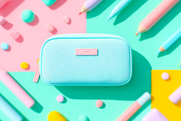 Blue pencil case with school stationery on green background colorful education supplies