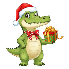 Cartoon christmas alligator with santa hat and gift box for holiday season vector illustration design on transparent background