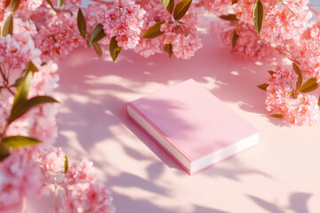 Book with bookmarks stationery and branch on light background aesthetic study still life