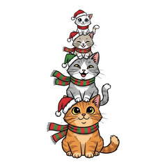 Christmas cats wearing santa hats and scarves stacked up cute holiday season pet animal cartoon drawing art on transparent background