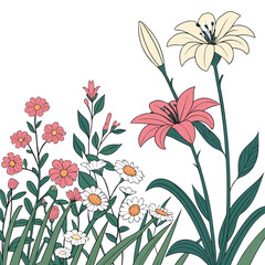 A vibrant illustration of a variety of colorful flowers and green leaves on a white background
