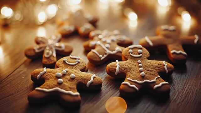 Cheerful gingerbread figures in warm holiday setting with festive lighting ambiance