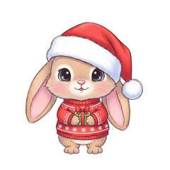 Christmas bunny cute rabbit santa hat holiday sweater gift animal illustration festive adorable art on transparent background