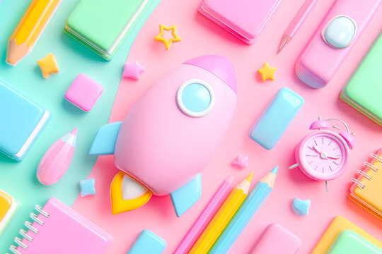 Collage of school stationery with alarm clocks and drawn rocket on color background time to learn theme