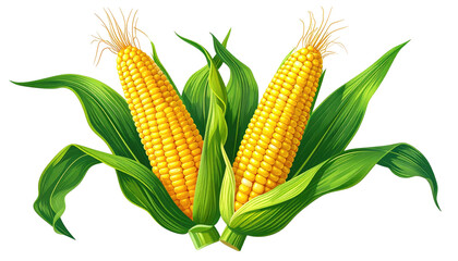 Two ears of golden corn, surrounded by green leaves and silk, set against a transparent background