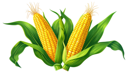 Two ears of golden corn, surrounded by green leaves and silk, set against a transparent background