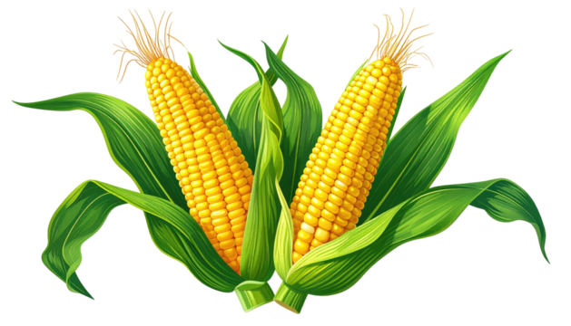 Two ears of golden corn, surrounded by green leaves and silk, set against a transparent background