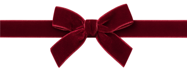 Isolate transparent with red velvet ribbon tied into a bow in horizontal layout ,red velvet ribbon tied into a bow with realistic texture, red velvet ribbon tied into a bow for PNG die-cut for ad.