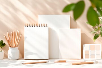 Minimal beige study layout blank notebook with school stationery clean academic workspace