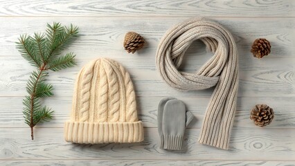 Obraz premium Cozy winter accessories arranged on a wooden table with pinecones and a sprig of evergreen