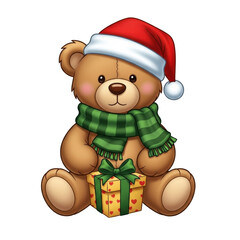 Christmas teddy bear with santa hat and gift box holiday season festive illustration cute cartoon animal on transparent background