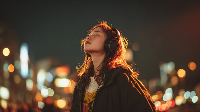 夜の街でヘッドフォンをして音楽を聴く女性（AI生成）