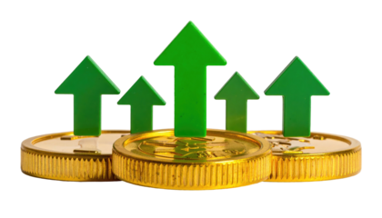 Gold coins with upward green arrows, signifying economic growth and financial success against a black background