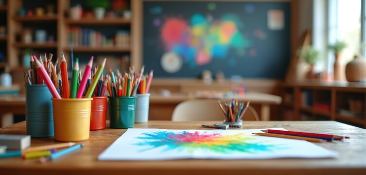 Color pencils in containers on wooden desk with colorful drawing paper. Art classroom setting with bookshelves and blackboard in background. Creative lesson supplies for kids.