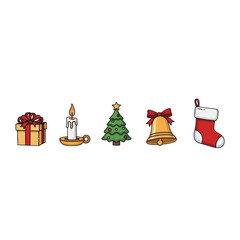 Christmas holiday season vector design elements with gift tree candle bell and stocking icons set art on transparent background