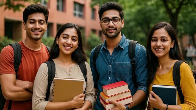 Group of students smiling outdoors, holding books. Eye-level angle captures their camaraderie. Ideal for educational video content.