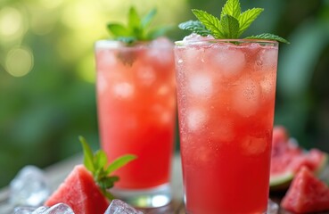 Two glasses with cold watermelon lemonade and mint leaves sit on a wooden table. Fresh fruit slices and ice cubes surround the refreshing summer drinks.