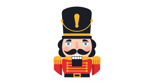 Stylized vector illustration of a traditional Christmas nutcracker in a red soldier's uniform with gold accents, set on a white background.