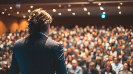 Business conference Speaker addressing attendees audience visible from behind