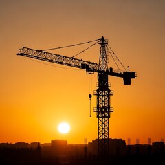 Silhouette of a construction crane against a vibrant sunset sky.