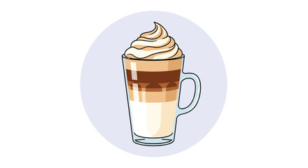 An illustrative graphic of a delicious layered coffee drink in a glass mug topped with swirled whipped cream, served as a refreshing beverage.