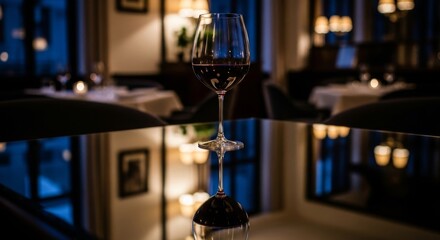 Elegant Red Wine Glass Reflection Fine Dining Restaurant Table Setting