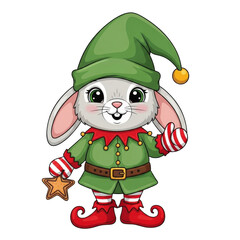 Cute christmas bunny elf cartoon vector illustration holiday season festive animal character design art on transparent background