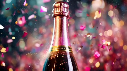 Pink champagne bottle with confetti explosion, festive celebration, vibrant colors, concept of party, New Year's celebration, and joyful moments. - Powered by Adobe