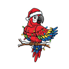 Christmas parrot santa hat lights holiday season festive bird illustration vector graphic design art on transparent background