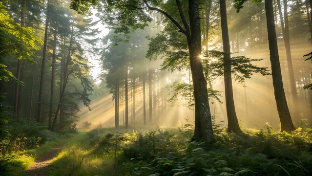Sunlit Forest Path with Morning Rays, Tall Trees, and Lush Green Understory in Serene Woodland Landscape