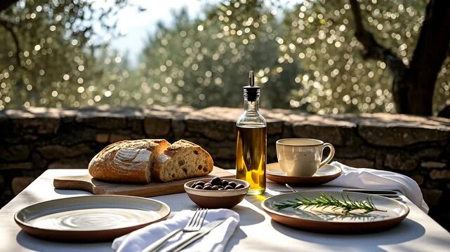Breakfast table outdoors bread olive oil and coffee sunlight