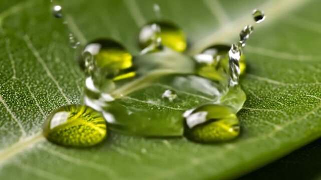 Close up of water droplets on a green leaf with natural lighting