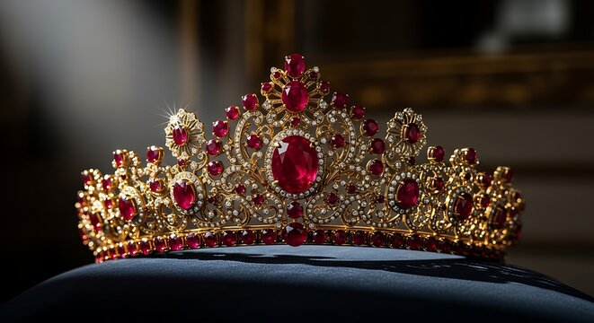 Exquisite Golden Tiara Adorned with Dazzling Red Gemstones and Intricate Filigree Design.