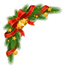 Christmas holiday decoration with pine branches ribbon bells and stars for festive designs and  on transparent background