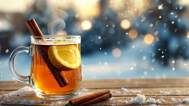 Hot toddy in a glass mug with lemon wedge and cinnamon stick, placed on a wooden table with blurred winter snow scene in the background.